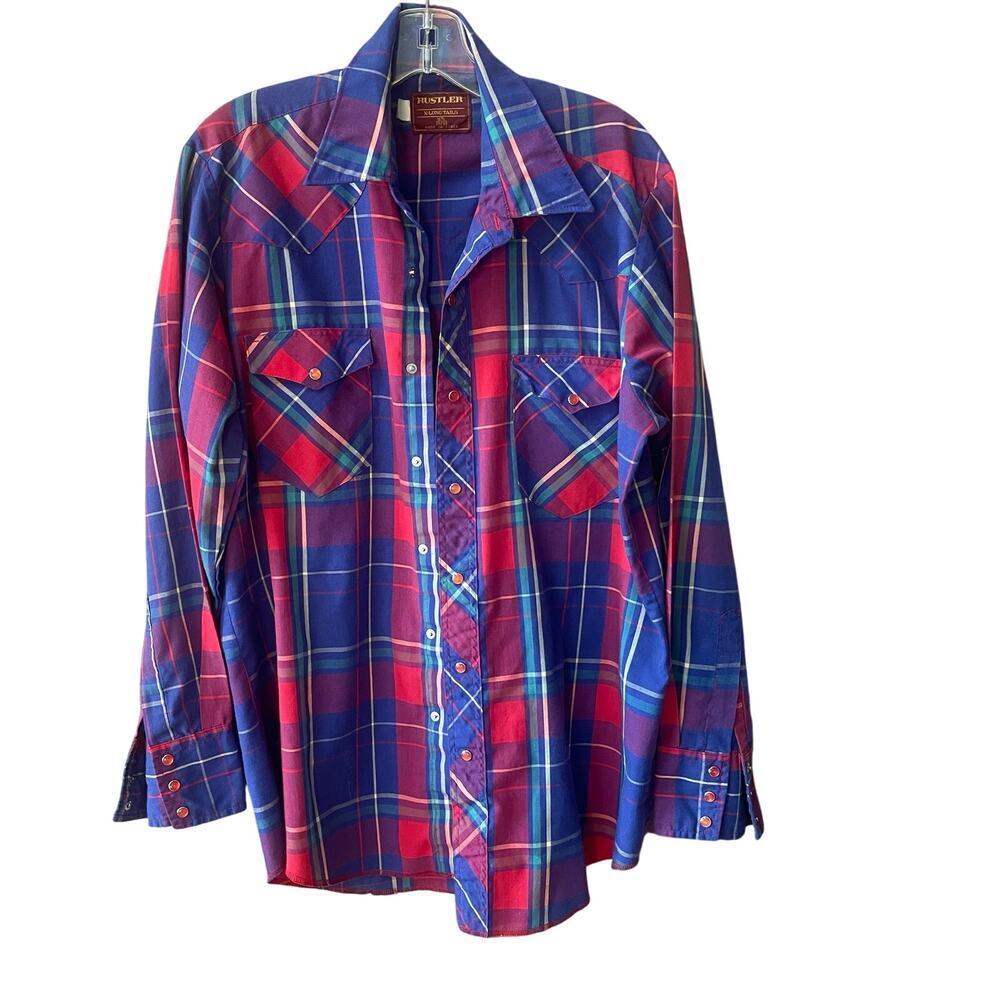 VTG Rustler Plaid X Long Tails Pearl Snap Shirt Red Blue Western Cowboy Rodeo